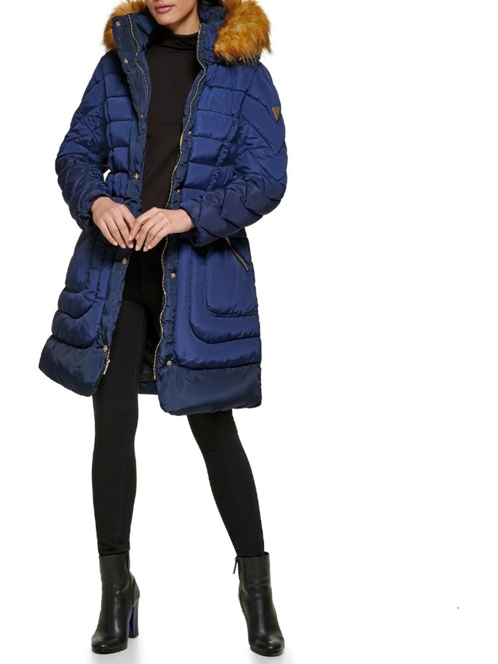 Guess Women's Belted Indigo Midweight Imported Polyester Long Puffer Jackets